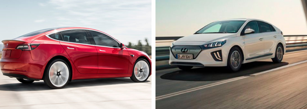 Tesla Model Y - Largo alcance (izquierda) y Hyundai Ioniq EV (derecha)
